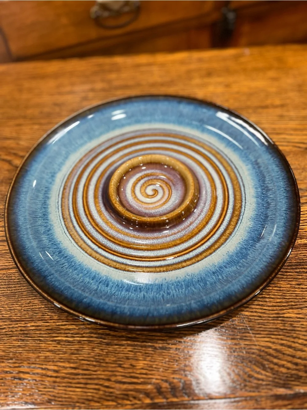 12” Blue & Brown Studio Pottery Platter/Serving Dish or Decor Handmade Artsy